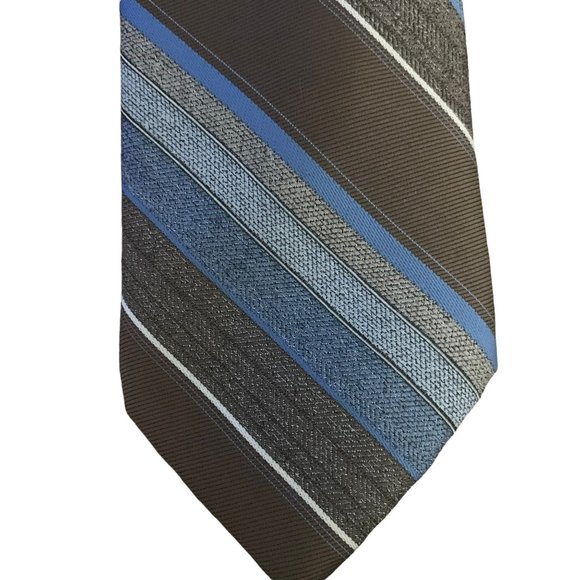 Vintage 80s Mervyns Necktie 3.25 in Brown Blue Striped Silk Blend - Picture 2 of 5